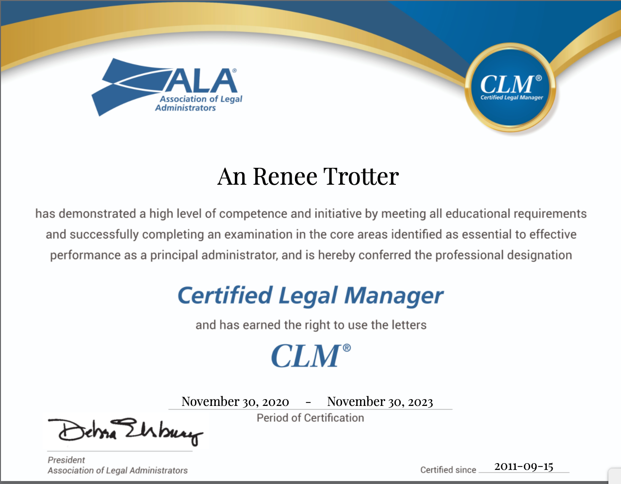 ALA CLM Certificate through November 30, 2023
