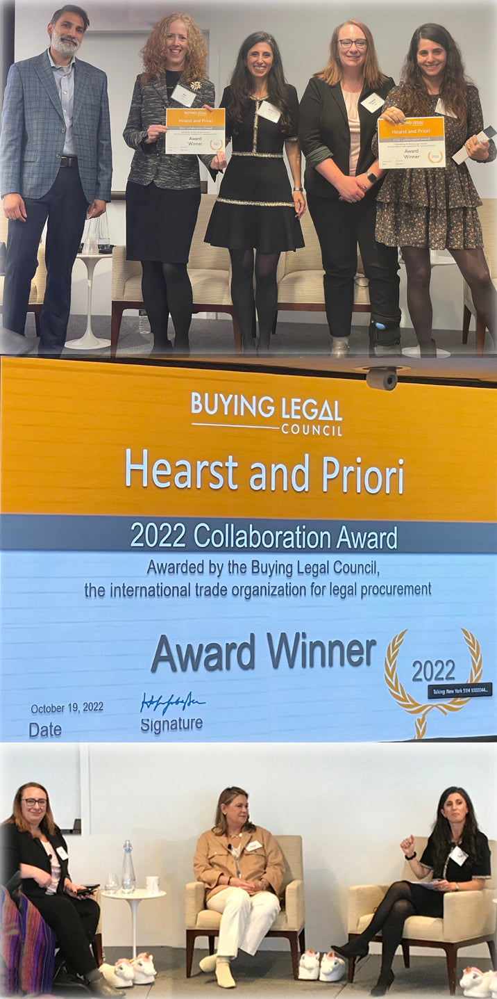 Photo of Hearst and Priori Teams, the certificate and panel featuring Orrick, Hearst and Priori