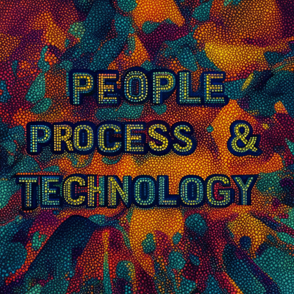 People Process & Technology rendered as a pointillist painting made up of data points courtesy of Chat GPT