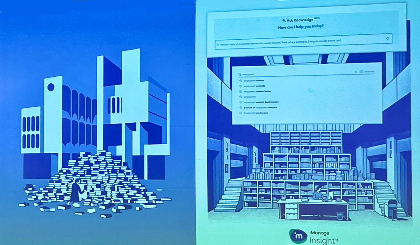 Image of big pile of books on left and the same books well organized on shelves at right