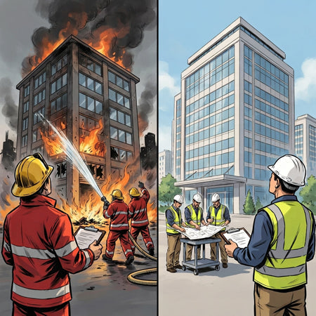 On left a fire warden directing a fire being put out in an office building. On the right a construction lead looking at the same building newly completed