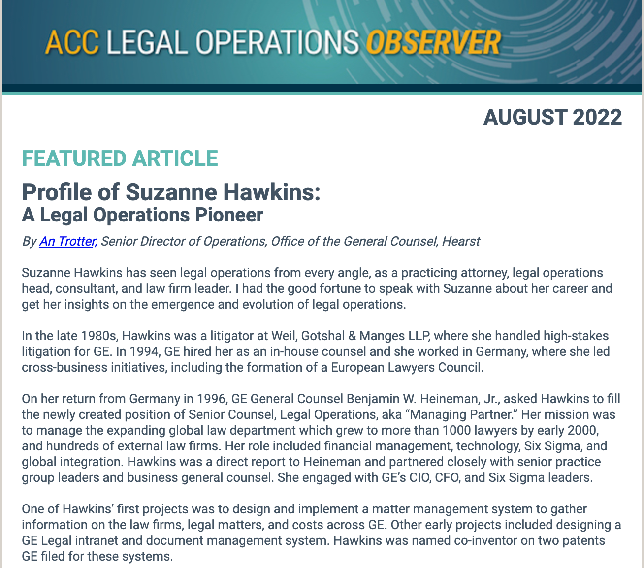 ACC Legal Ops Observer Profile on Suzanne Hawkins