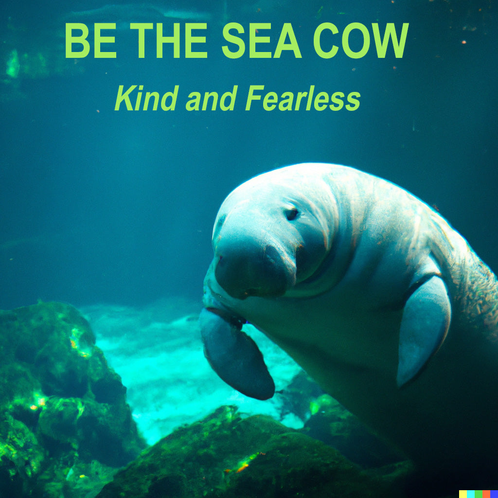 DALL-E generated image of manatee under water with words "Be the sea cow: kind and fearless"