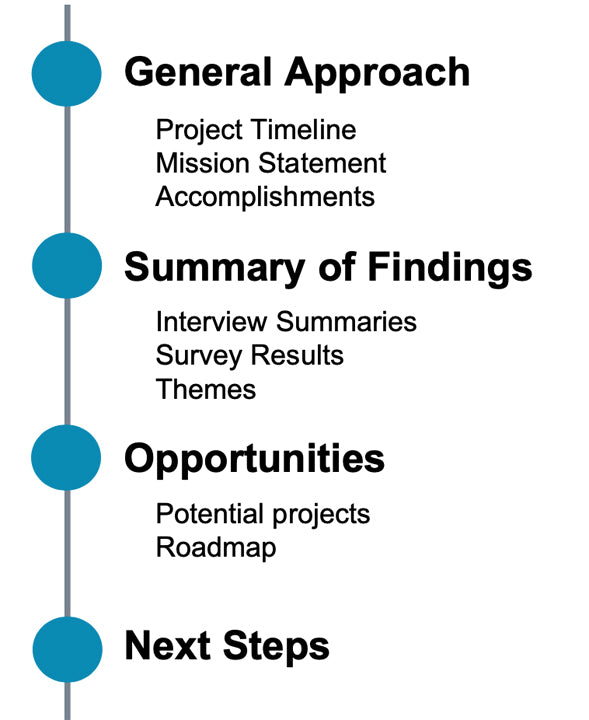 Timeline reflecting general approach, summary of findings, opportunities and next steps.
