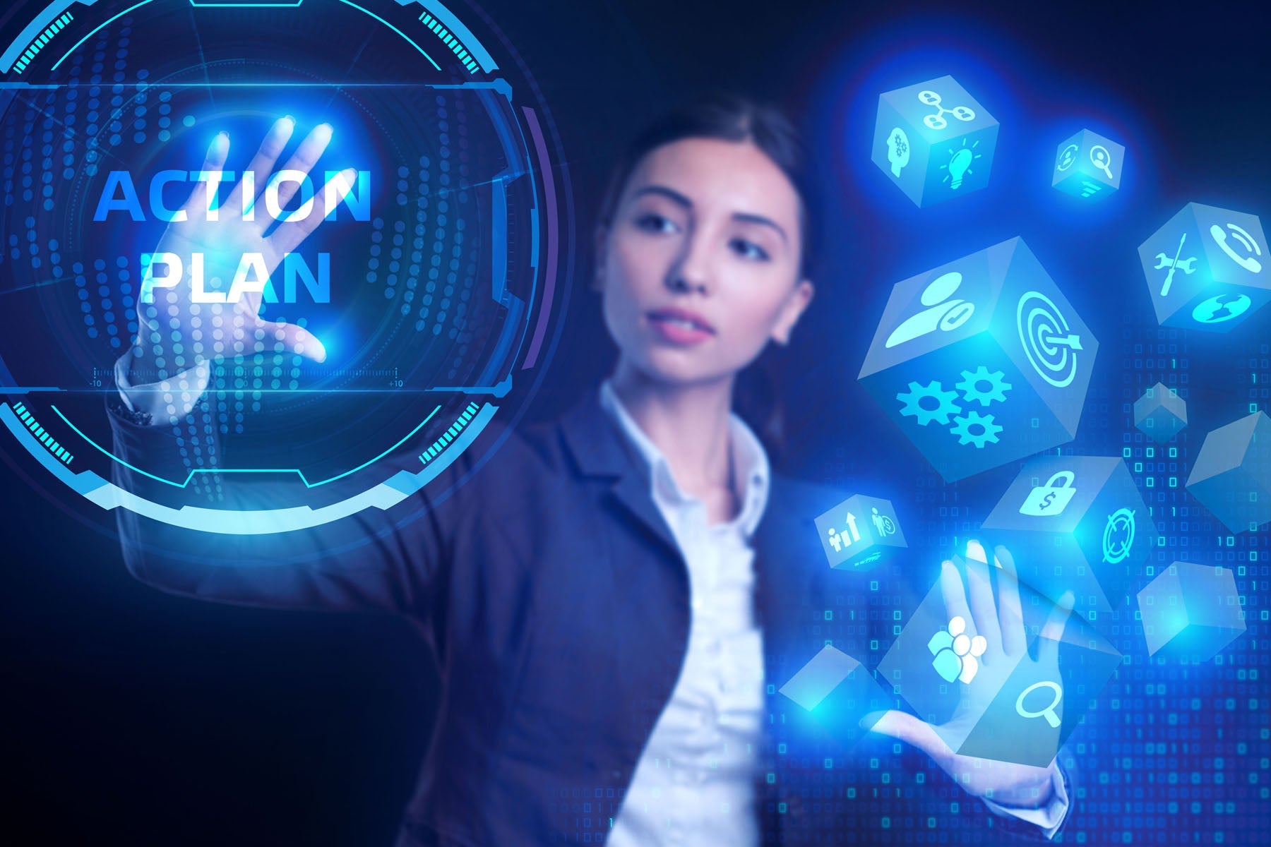 Woman with touch screen displaying Action Plan (licensed from Adobe Stock Photos)