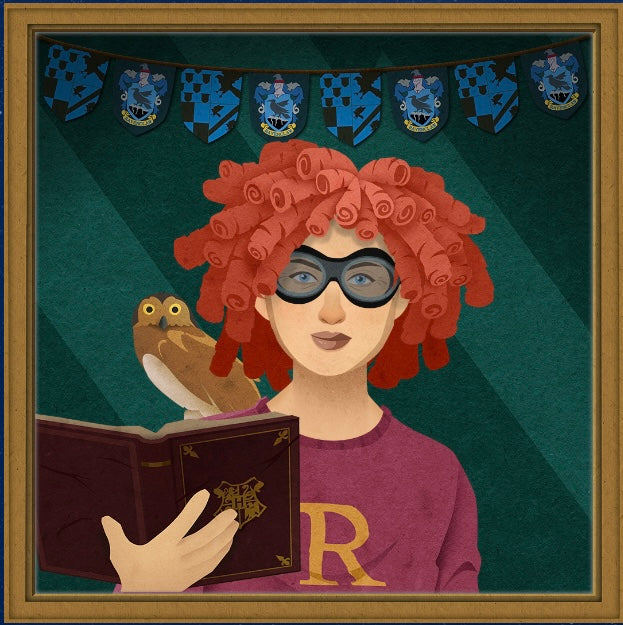 Girl with red corkscrew curls under the Ravenclaw banner holding a book with an brown owl on her shoulder