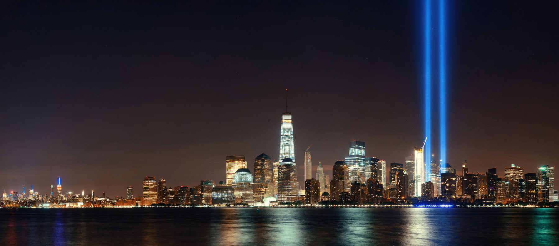 Towers of Light memorial for World Trade Center seen from Governor's Island