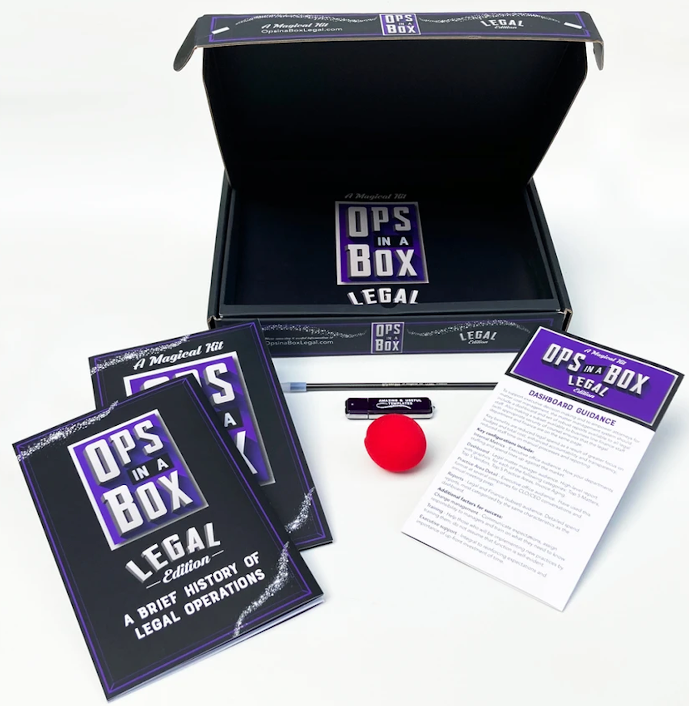 Ops in a Box, Legal Edition open displaying documents, wand and ball