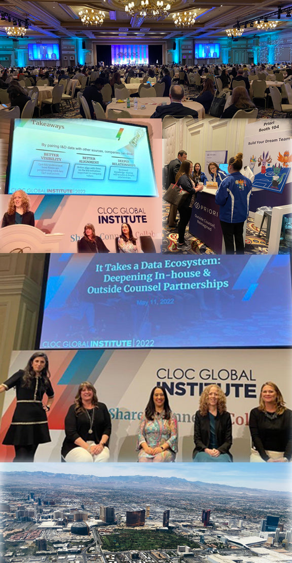 CLOC photo collage with ballroom, panels, Priori booth and skyline