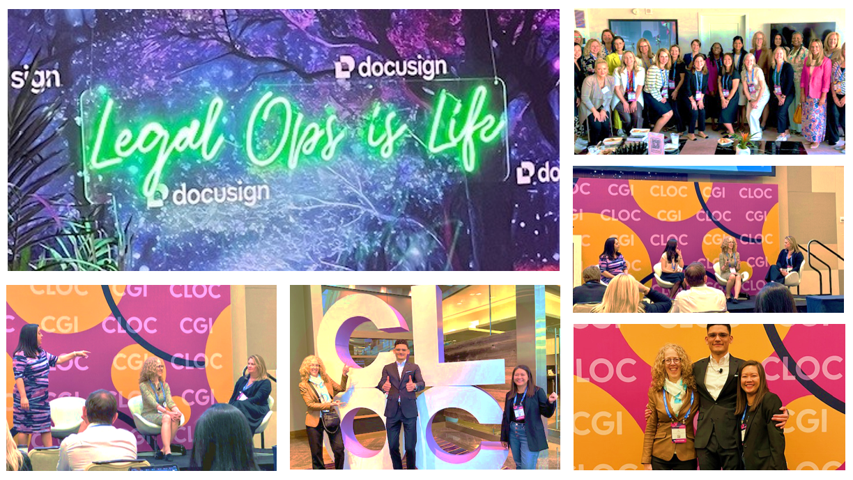 Photo compilation of Hearst participants, Harbor breakfast and Legal Ops is Life neon sign