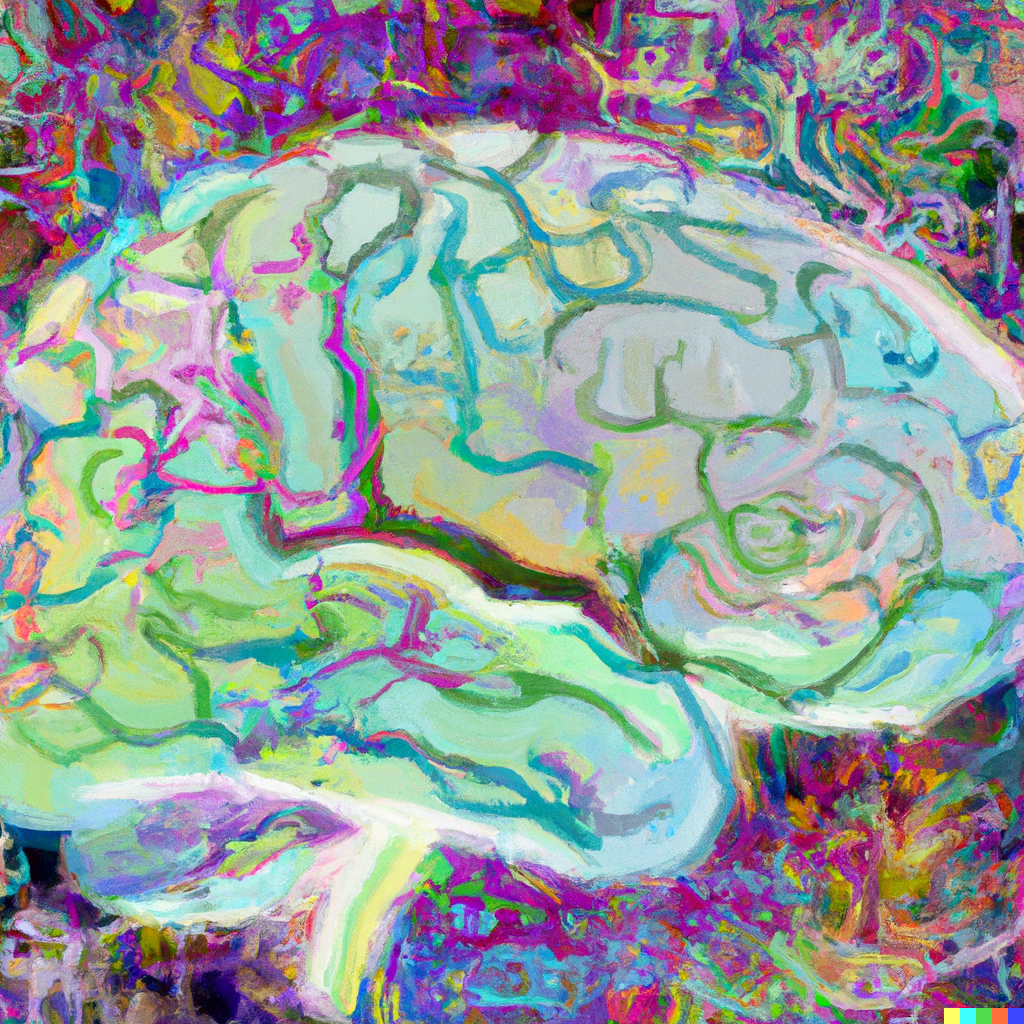 A DALL-E generated image of a brain and neural pathways in bright pastel colors