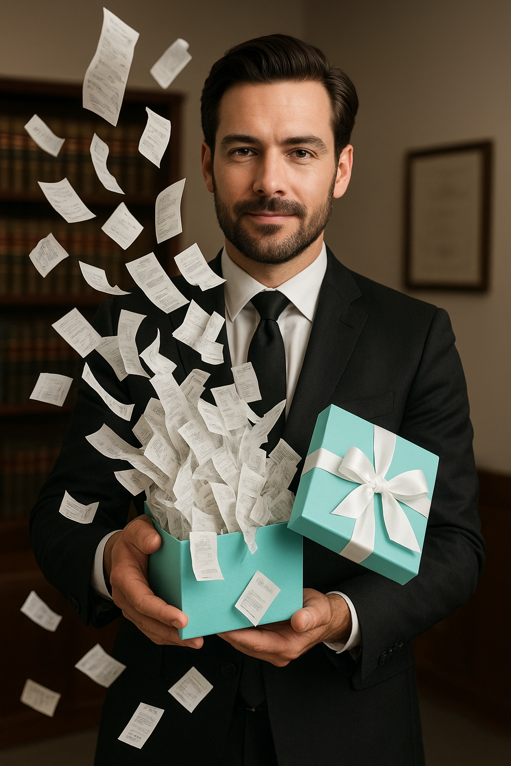 A Gen AI image of a well groomed male lawyer in a suit holding an open Tiffany;s box with receipts cascading out like a snow flurry 
